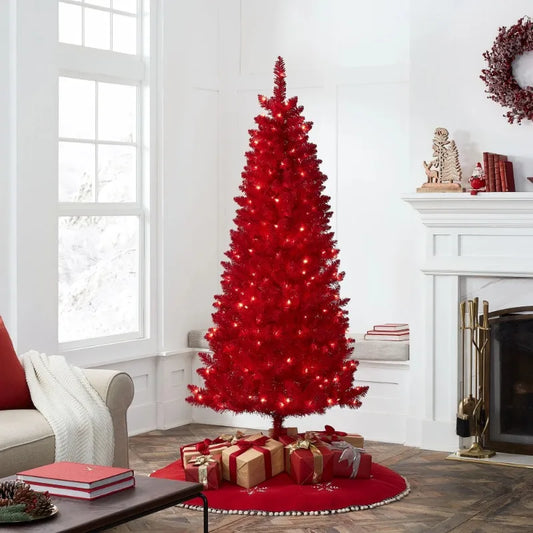 6.5 ft Pre-Lit Red Flocked Pine Artificial Christmas Tree