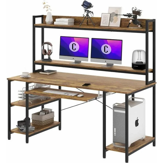Industrial Desk with Hutch Storage Shelves