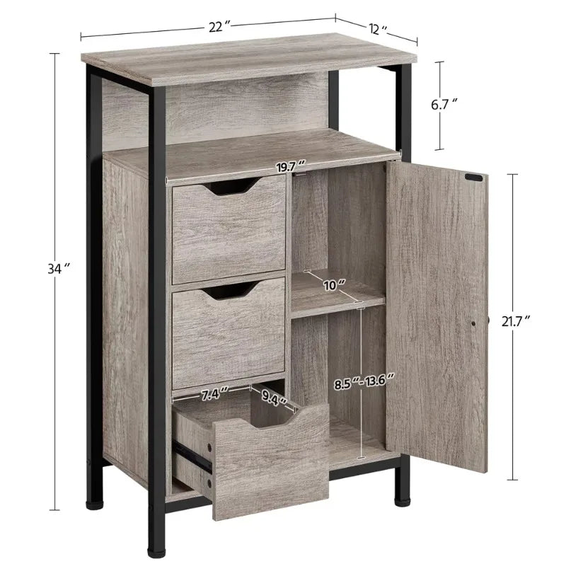 Wooden Floor Storage Cabinet with Shelves & 3 Drawers