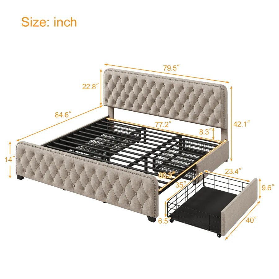 Elegant King Size Upholstered Platform Bed Frame with Four Drawers