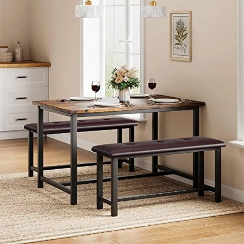 Rectangular Dining Room Table Set with 2 Upholstered Benches