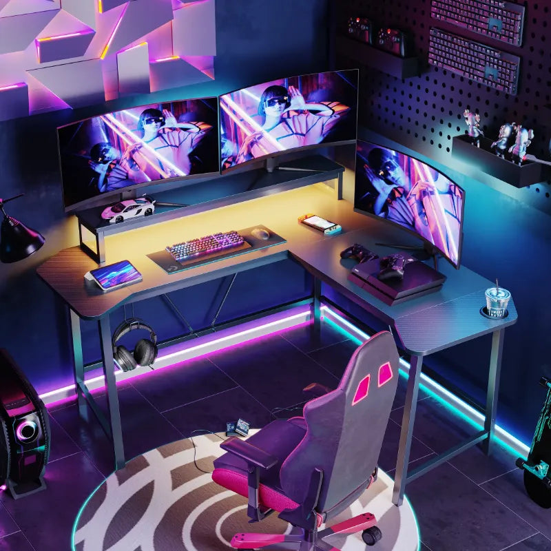 56.6" L Shaped Gaming Desk with LED Lights