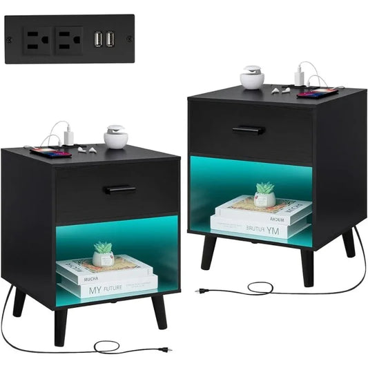 Set of 2 Nightstands with Charging Station and LED Lights