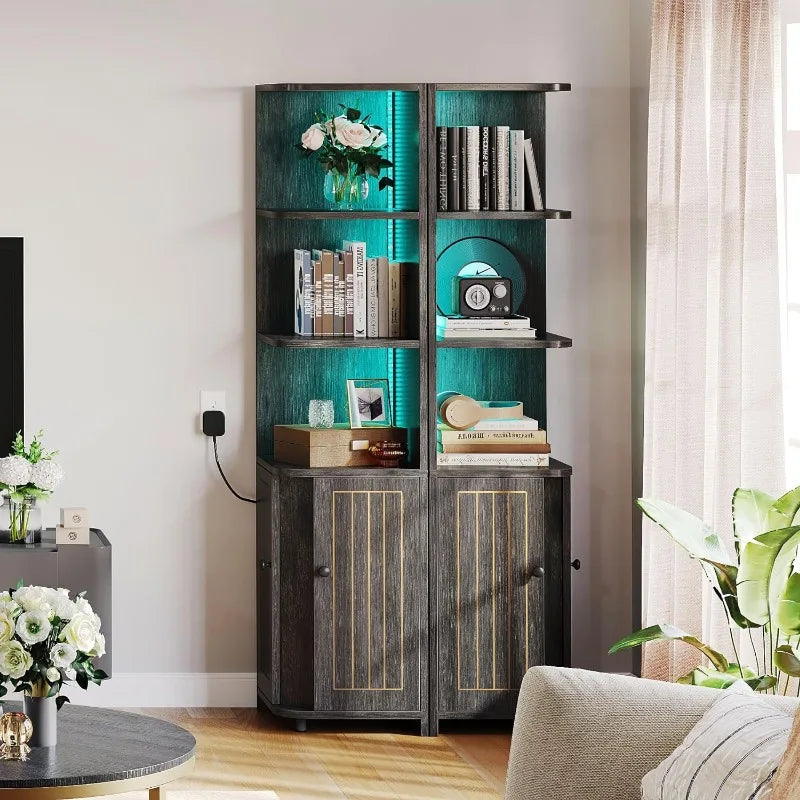 Corner Cabinet with LED Lights, bookcase with Storage