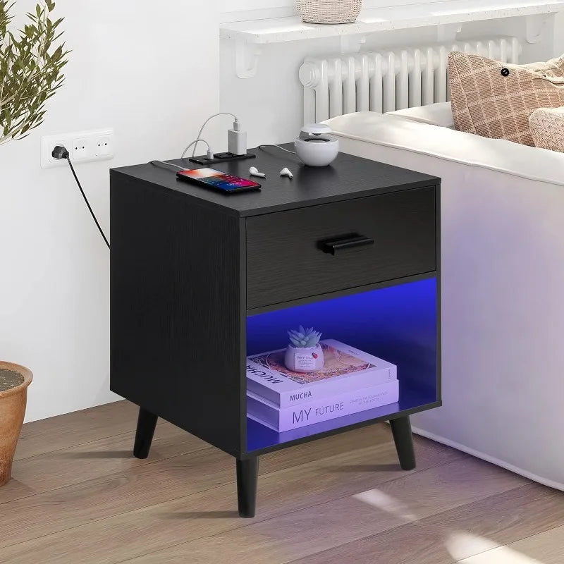 Set of 2 Nightstands with Charging Station and LED Lights