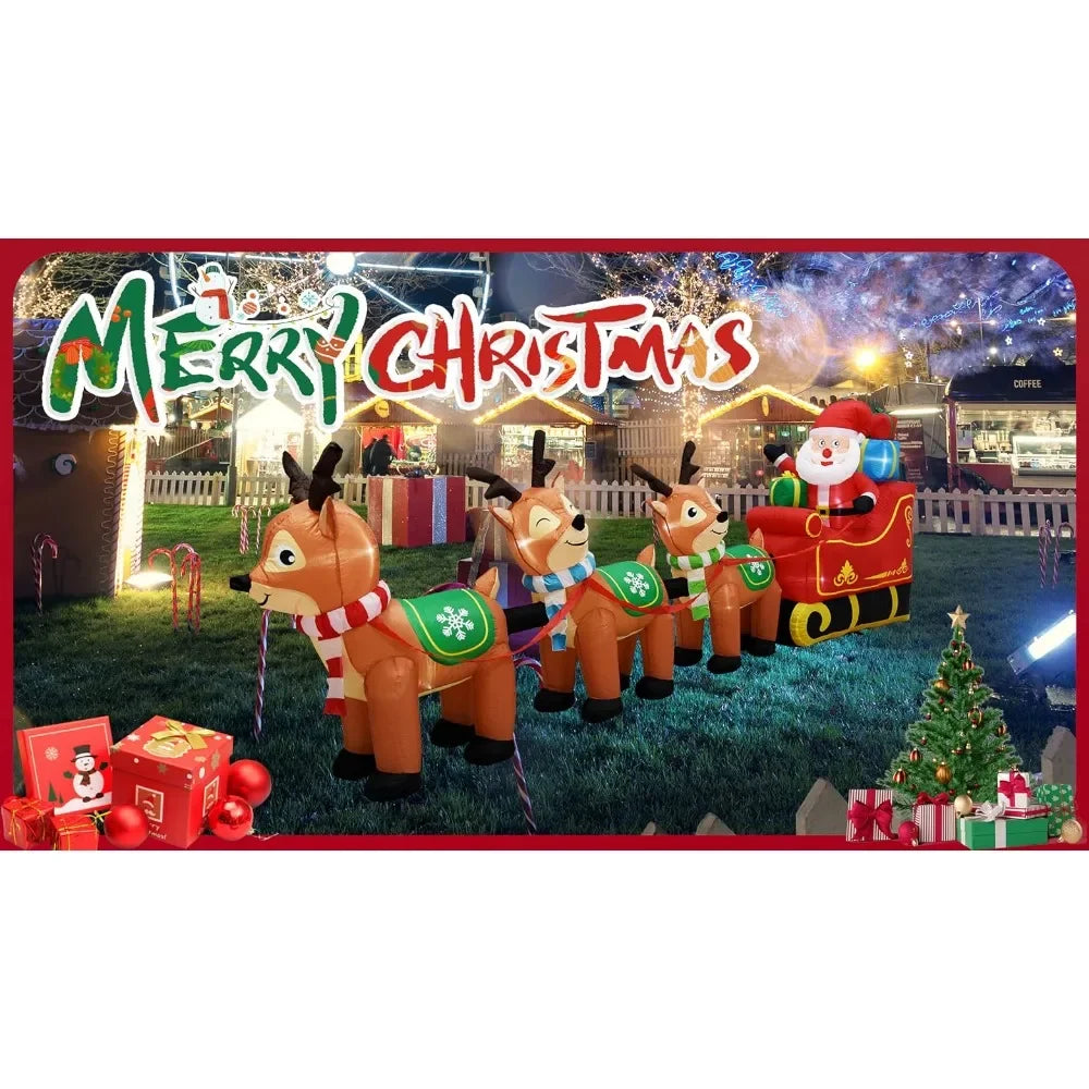 12 Ft Christmas Inflatable Santa Claus on Sleigh and 3 Reindeer