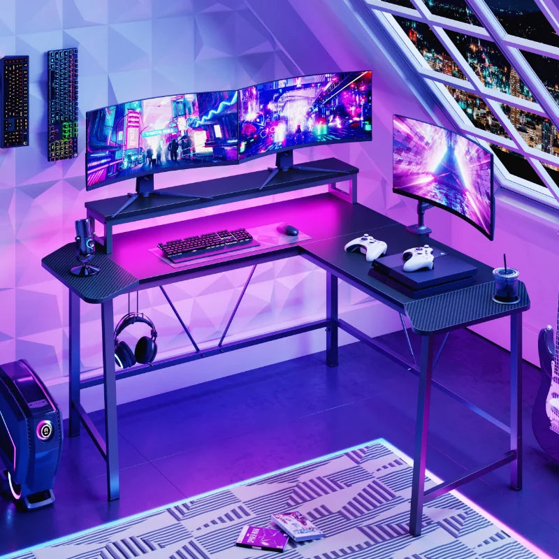 56.6" L Shaped Gaming Desk with LED Lights
