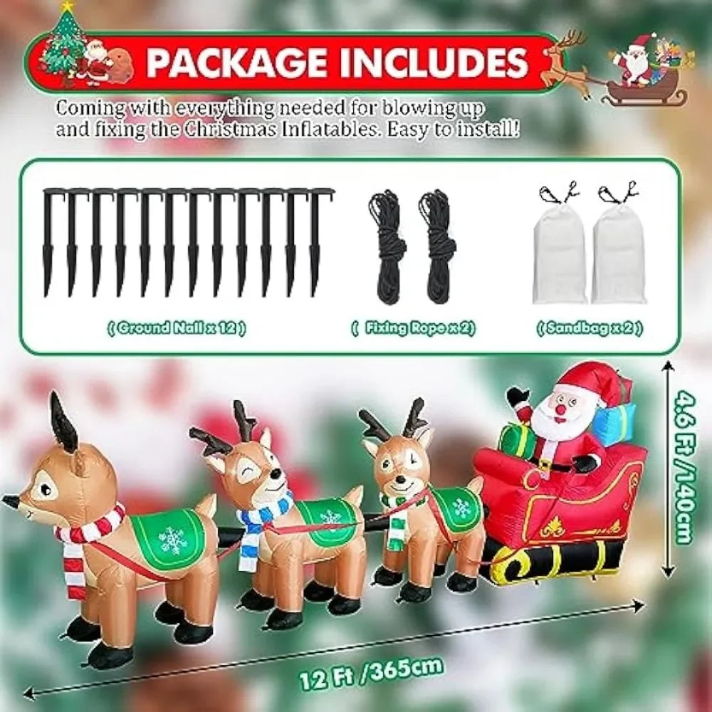 12 Ft Christmas Inflatable Santa Claus on Sleigh and 3 Reindeer