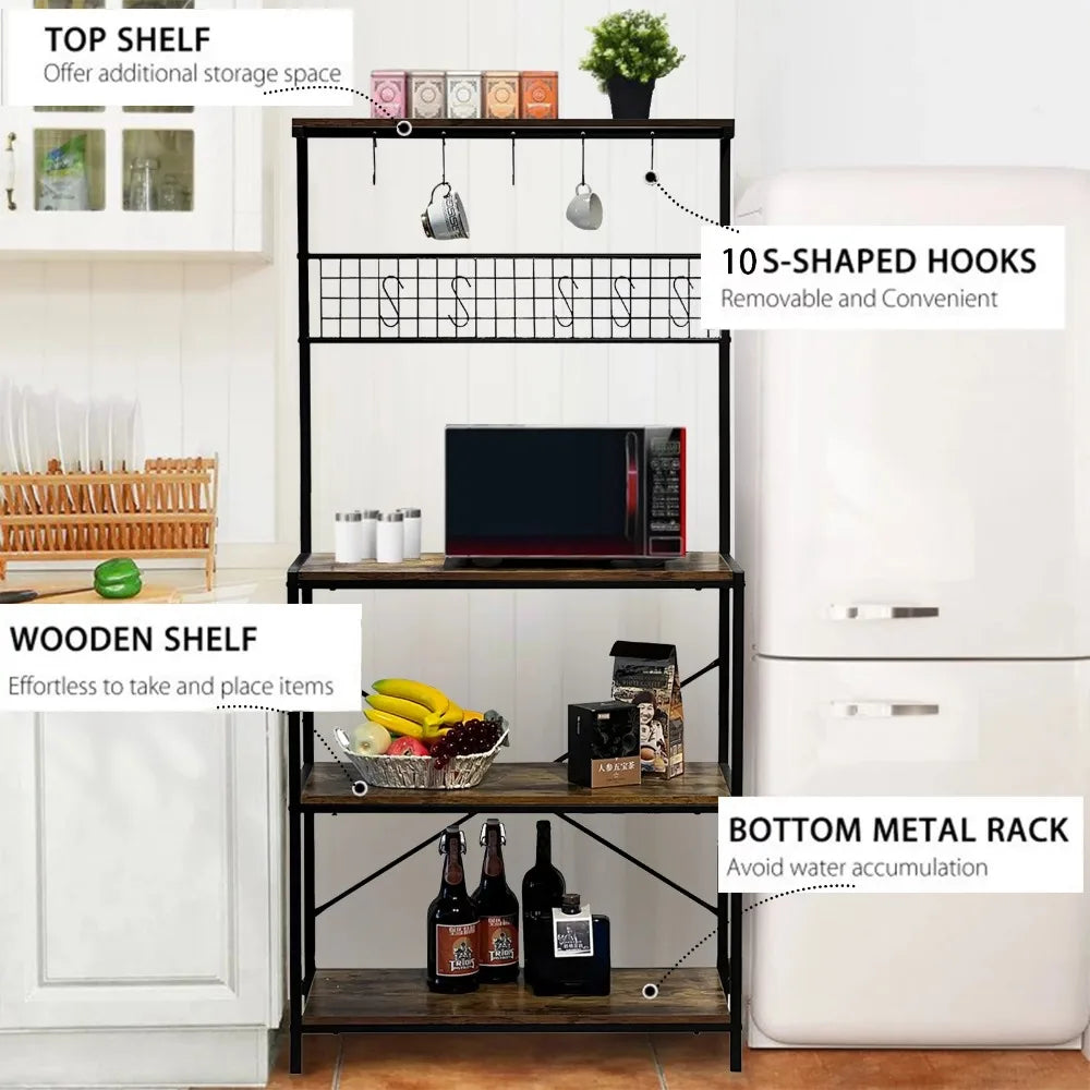 4-Tier Kitchen Storage Shelf Microwave Stand with 10 Hooks