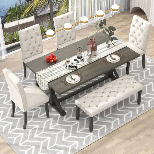6-Piece Dining Table Set 4 Upholstered Chairs with Bench