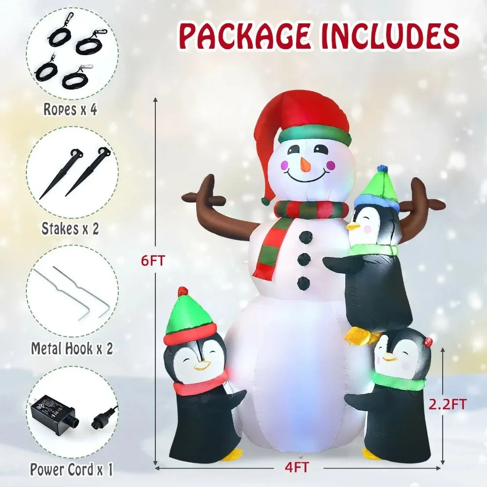 6' Inflatable Snowman and Penguins With LED Lights